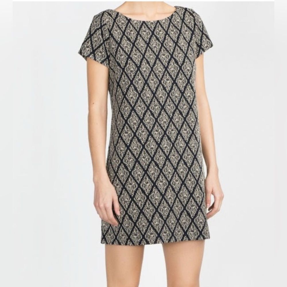 Zara Woman jaquard fabric shift dress black gold thread size M diamond pattern